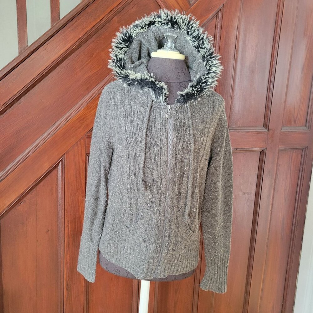 Relativity L Gray Hooded Sweater With Faux Fur Trim & Front Zipper Closure